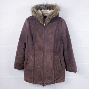 Wilsons Leather Hooded Coat Faux Fur Trim Sherpa Lined Full Zip Brown Size Large